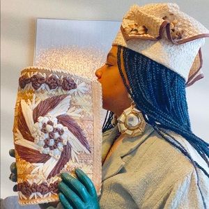 60s Vintage Avant-Garde High Fashion Cloche Hat & Wicker Straw Clutch Purse Set